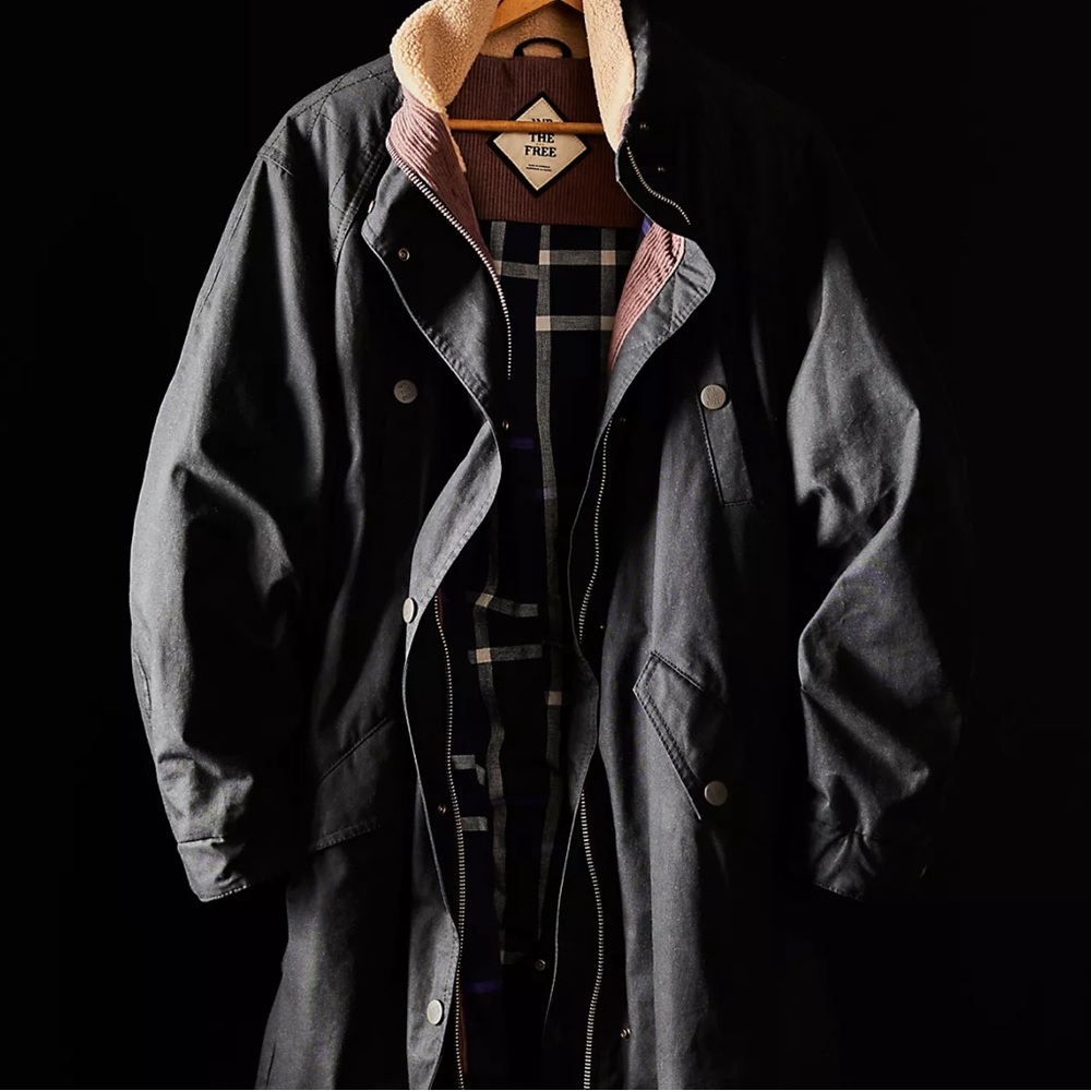 Free People Black Waxed Canvas Long Coat with Tan Sherpa Collar